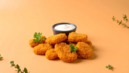 Crispy Chicken Nuggets with Creamy Dip on a Warm Background