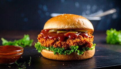 Delicious crispy fried chicken burger with tangy barbecue sauce and fresh lettuce on a toasted brioche bun, ready to eat