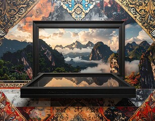 Scenic mountain vista framed within a black display case against ornate, colorful background