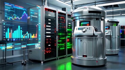 Futuristic Data Center with Advanced Server Racks and Holographic Displays. - Powered by Adobe