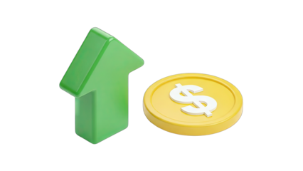 Dollar Coin and Green Arrow Rising on White