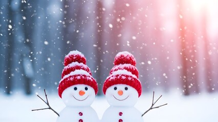 Obraz premium Two cheerful snowmen in red knitted hats during a snowy winter landscape