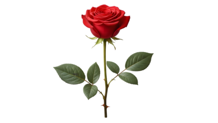 Single red rose flower stem with leaves isolated on transparent background