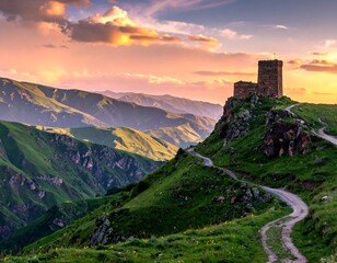 Scenic mountain vista showcasing ancient stone tower, winding path, and rolling green hills at sunset