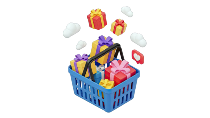 Gift Boxes in Shopping Basket with Clouds and Heart Icon