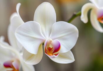 Fototapeta premium Delicate white orchid blossom, petals unfurled, showcasing intricate details, macro photography, bloom