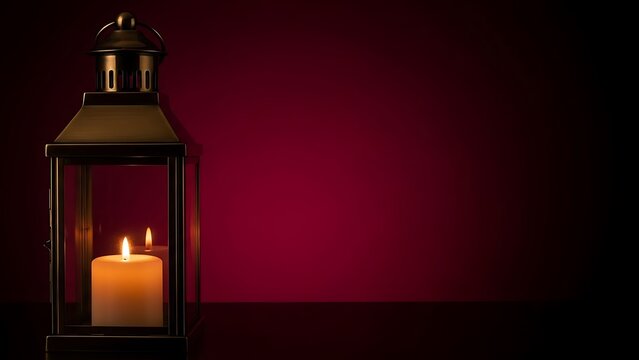 Christmas and New Year Dark and Moody Still Life of a Vintage Bronze Lantern with a Glowing White Pillar Candle Inside, Against a Deep Burgundy Background - Powered by Adobe