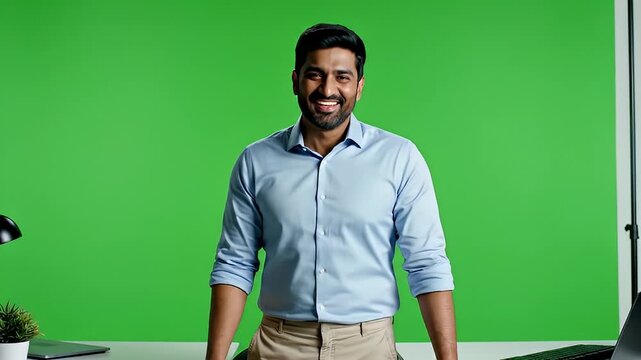Presenter on green screen setup delivering a dynamic indoor video shoot.