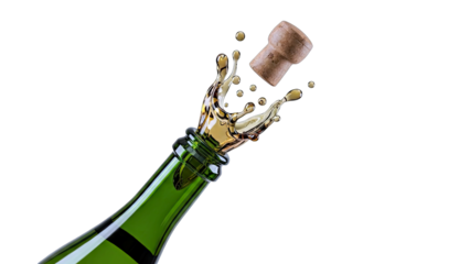 Champagne Bottle Popping with Cork and Bubbles on White