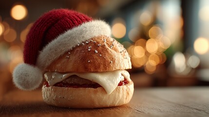 Gourmet Christmas Cheeseburger with Santa Hat and Bokeh Lights Background