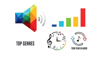 Vibrant collection of colorful audio and music icons representing top genres, listening trends, and personalized year-in-audio summaries for digital platforms and applications