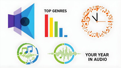 A vibrant collection of vector graphics depicting digital music analysis, popular audio genres, and personalized annual listening summaries for user engagement