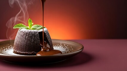 Steaming Hot Chocolate Molten Lava Cake with Melted Sauce Dripping Down and Topped with a Fresh Mint Leaf for a Luxurious Dessert Copy Space world hot chocolate day