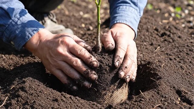 Close-up of hands carefully planting a small tree sapling into rich, dark soil