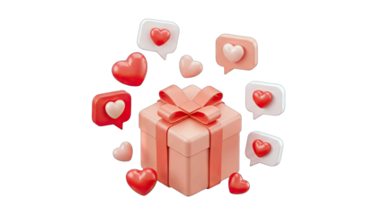 Gift Box with Hearts and Speech Bubbles on White