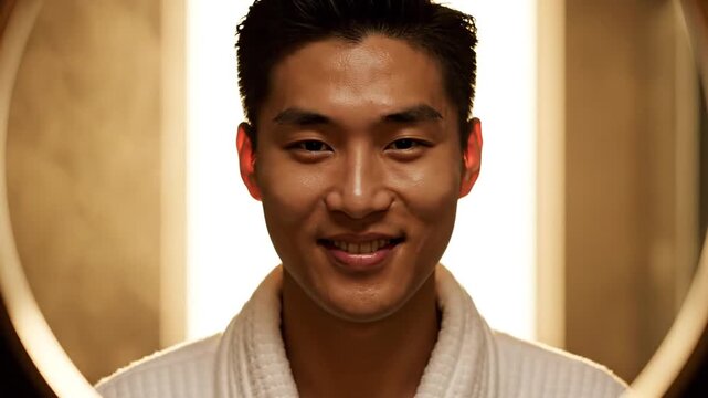 Asian man smiling. Closeup portrait. Dark hair. Tan sweater. Gold and white background. Circular lights. Happy face. Smiling eyes.