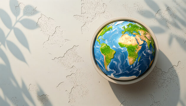 Earth Day miniature globe flat-lay with slightly textured continents, pale concrete top-down, high-key light, organic leaf shadow pattern, with copy space