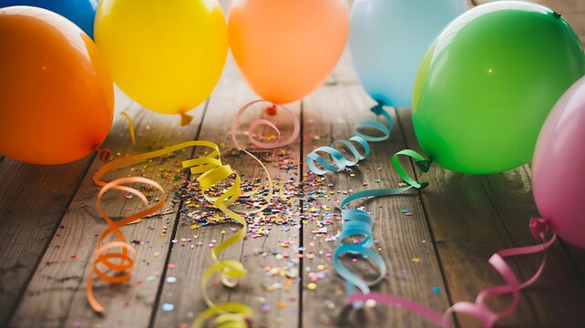 Colorful balloons and curling ribbons with scattered confetti on wooden floor
- Powered by Adobe