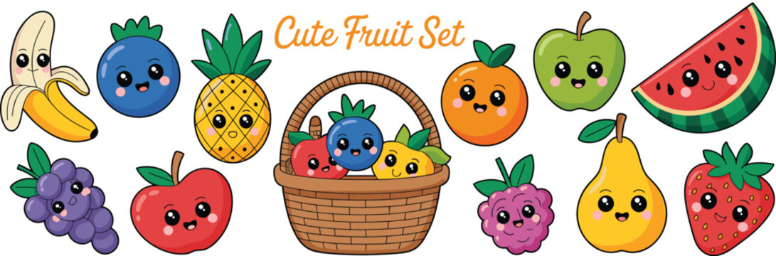 Cute fruit cartoon vector set featuring kawaii pineapple, berries, apples, pears, bananas, watermelon, basket and adorable character designs