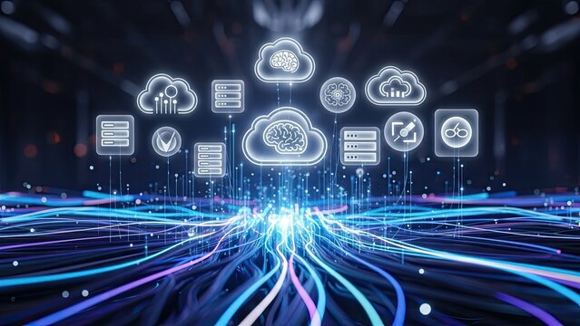 Dynamic digital transformation unfolds with glowing cloud icons and vibrant data streams illuminating abstract futuristic network connections - Powered by Adobe