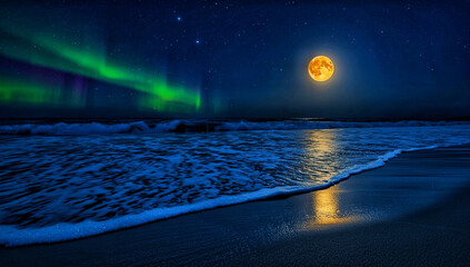 Moonlit Ocean Waves with Northern Lights at Night