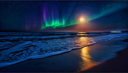 Moonlit Ocean Waves with Northern Lights at Night