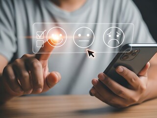 Person selecting happy face emoji on digital screen with smartphone hand finger image