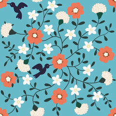 Vector hand drawing seamless pattern, Daisy petal spring flower blossom,  abstract floral and bird drawn on blue background for fashion fabric textiles printing, wallpaper and paper wrapping