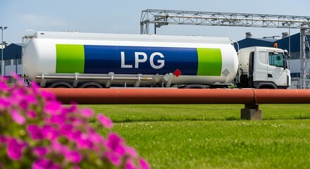 LPG Tanker Truck Driving on Road with Green Grass and Pink Flowers.