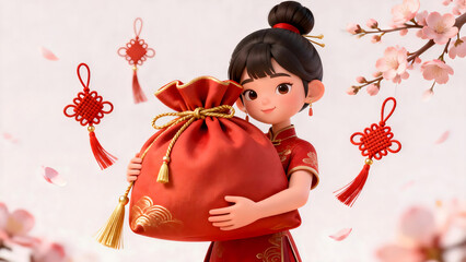 Girl holding a blessing bag with floating knots and blossoms