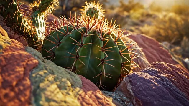Close-up view of a round, green cactus with sharp spines nestled among colorful rocks in a desert landscape during a golden hour sunset