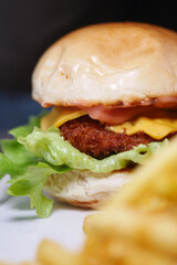Delicious burger with fries served on a plate in a diner