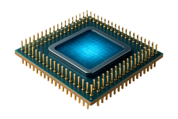 Precision Engineering CPU with Gold Contact Pins and Blue Interface Panel Isolated on a Transparent Background