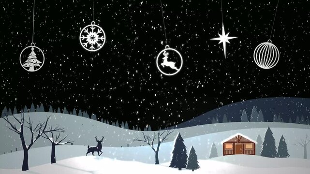 christmas decoration in the village in the snow with cartoon style, deer standing, snow falling, decoration items moving, christmas black screen animation 4K video loopable