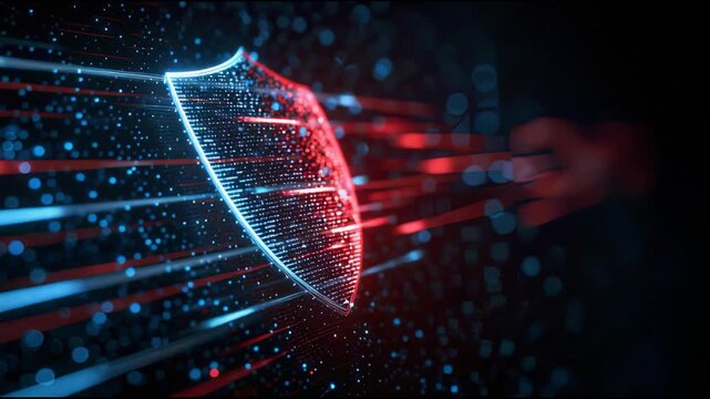 Glowing digital shield with a keylock icon stands prominently before a grid of flowing data streams. Red and blue light effect, symbolizing blocking cyber threats and maintain network integrity.