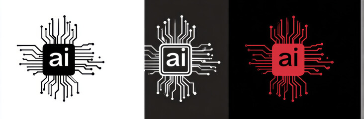 Abstract logo design featuring AI chip with circuit patterns in black, white, and red colors, symbolizing technology and innovation