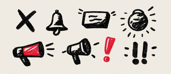 Hand drawn vector icons set for web design featuring x mark, bell, message box, light bulb, and megaphone. These expressive symbols enhance communication and alertness in digital interfaces