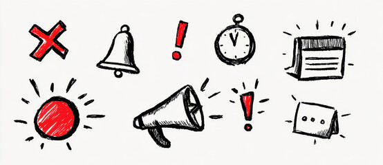 Hand drawn vector icons set featuring exclamation mark, bell, clock, alert symbols, and megaphone, conveying urgency and attention. These icons are perfect for web design and communication
