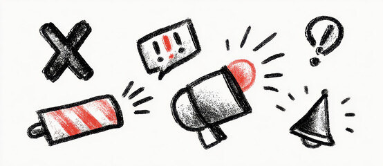 Hand drawn vector icons including exclamation mark, speech bubble, megaphone, and alert symbols, conveying urgency and attention. Perfect for web design and communication themes