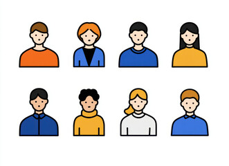 Stylized icons of diverse people group, featuring various hairstyles and clothing colors, representing teamwork and collaboration. design is simple yet expressive, ideal for illustrating community