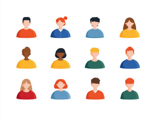 Diverse group of illustrated people in various hairstyles and clothing colors, representing different genders and ethnicities, showcasing unity and collaboration