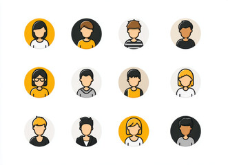 Stylized icons of diverse people groups, featuring various hairstyles and clothing styles. These illustrations represent modern and friendly approach to character design, suitable for various