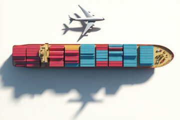 Simplified model of cargo ship loaded with colorful containers, showcasing vibrant arrangement of red and blue boxes. An airplane flies above, symbolizing global trade and transportation
