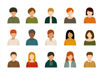 Diverse group of illustrated characters representing various hairstyles and clothing styles, showcasing range of emotions and expressions in friendly manner
