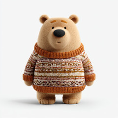 Cute bear wearing cozy sweater stands against white background, exuding warmth and charm. This adorable character captures playful and inviting spirit, perfect for various creative projects