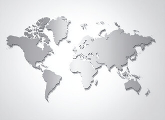 Flat gray world map illustration on white background, showcasing continents in minimalist style. This design emphasizes geographical features with modern touch