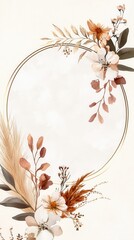 wedding invitation template with wildflowers, pampas grass, and delicate watercolor greenery, arranged around