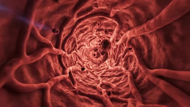 Microscopic view of red blood vessels. Human circulatory system. Close-up of vascular network. Red and pink colors. Medical illustration. Detailed texture. Abstract background. Health and anatomy