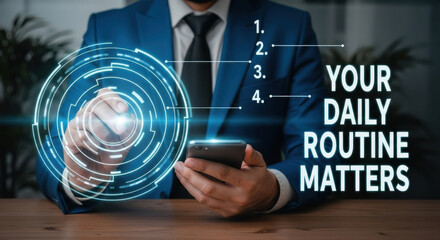 A businessman in a suit points to a daily routine message on a wooden desk with a blurry list. He is holding smartphone. The image features a geometric design.