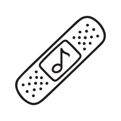 Simple hand-drawn band-aid with a musical note symbol. Conceptual doodle illustration representing the healing power of music, music therapy, or emotional first aid.
